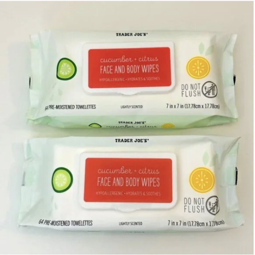 2X Bundle Trader Joe's Cucumber + Citrus Face And Body Wipes 64 towelettes NEW